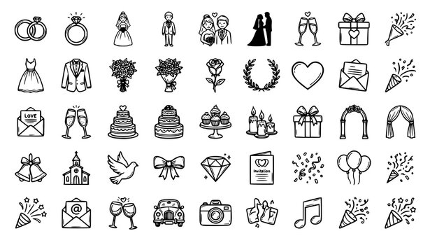 Wedding Doodle Vector Icon Set with Rings Flowers Cake Bride Groom and Love Sketches