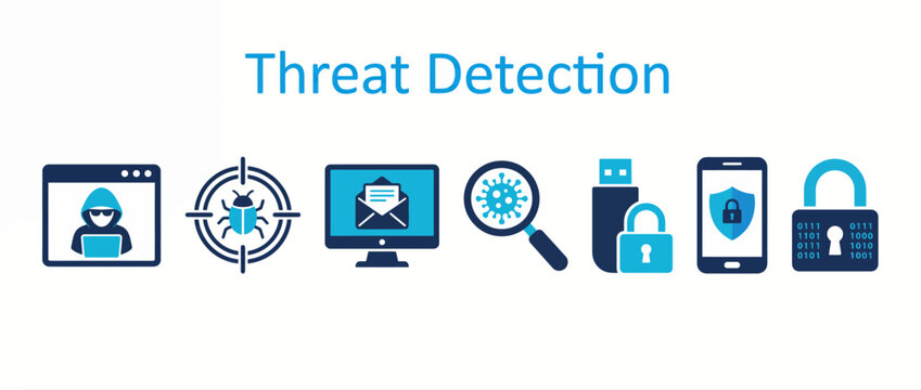 Cyber security and threat detection icons set representing digital protection and malware