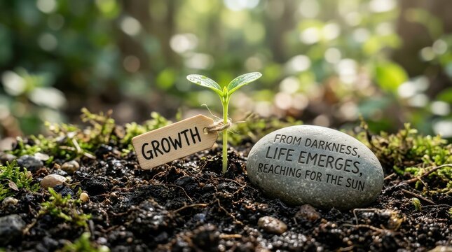 Small seedling labeled growth emerging from dark soil