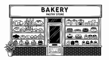 Hand Drawn Bakery Shop Front Illustration Vector Design Featuring Pastry Store Elements for Creative Culinary Business Branding B © Purnomo Semlirick