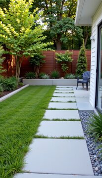 Minimalist backyard concept showing neat green grass patch next to concrete patio