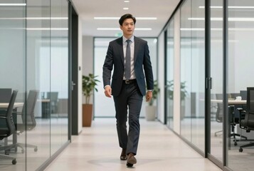 Fototapeta premium Executive Walking Confidently In A Modern Office Hallway