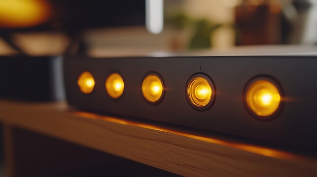 Close up of a DSL modem with its indicator lights glowing