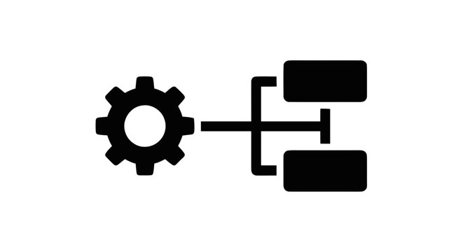 Vector illustration of gear icon connected to two rectangular blocks representing a system process on a transparent background