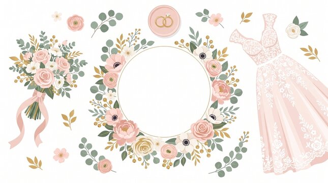 Elegant Wedding Floral Invitation Set Featuring Soft Pink Peonies Roses Bouquet and Bridal Gown Illustration for Romantic Ceremonies