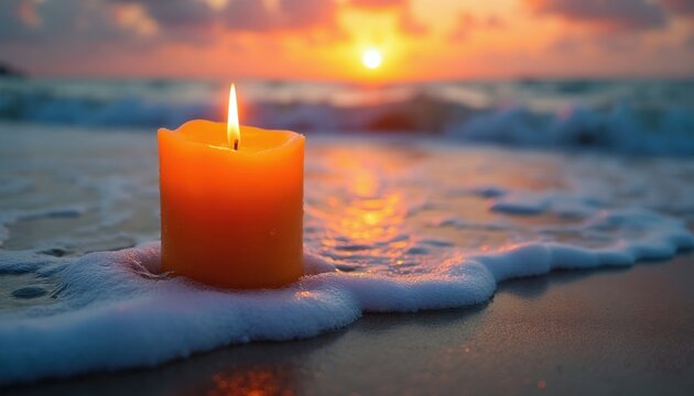 Orange candle burns on wet sand by ocean surf at sunset. Gentle waves lap shore, creating foam. Sun sets over water, casting warm light reflection.