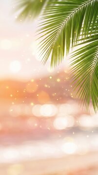 Beautiful blurred background of an exotic beach sunset with palm leaves