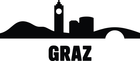 Graz Austria city skyline silhouette featuring landmark clock tower schlossberg mountain and arch bridge with bold black typography and mur river © pyenga