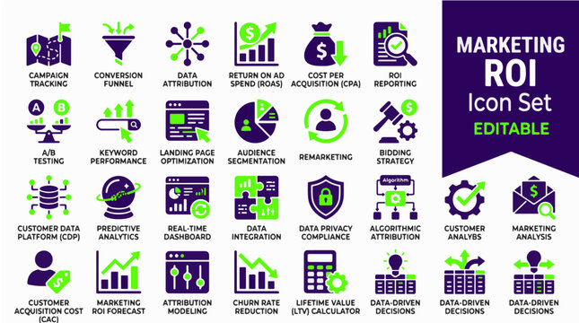 Marketing ROI analytics conversion funnel performance attribution dashboard vector icon set