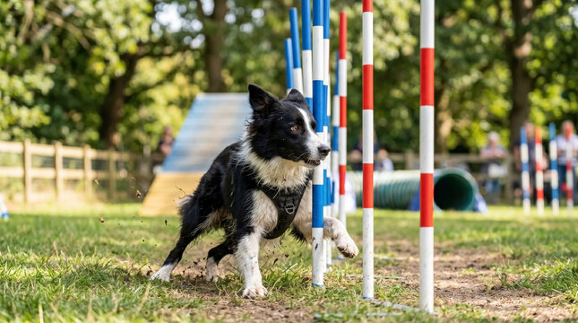 Dog weaving between training poles at park during agility competition. Agile dog navigates colorful poles with precision and speed, showcasing remarkable skills in training environment.