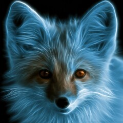 Obraz premium Arctic fox face is shown with large fluffy ears and bright eyes in glowing neon colors against a black backdrop.