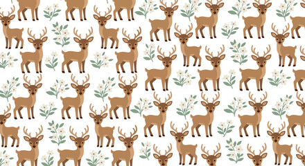 Fototapeta premium Woodland Deer Seamless Background Pattern Featuring Elegant Forest Animals, Rustic Botanical Elements and Cozy Nature Inspired Design