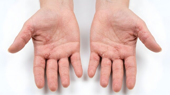 Palmar dyshidrotic eczema with small fluid filled blisters and peeling skin on human hands.