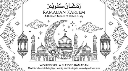 Ramadan kareem greeting illustration with mosque and moon crescent religion greeting celebration © SAFIYA