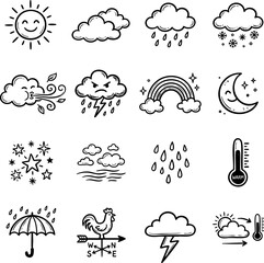 Fototapeta premium Weather and climate forecast outline icon set with forecast meteorology lightning temperature