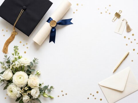 Graduation Keepsakes: A symbolic arrangement featuring a graduation cap, diploma scroll, bouquet of white flowers, and an envelope, representing the culmination of academic achievement.