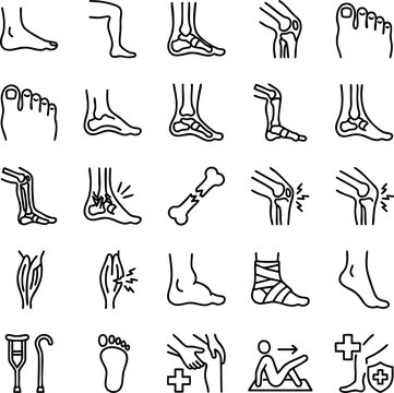 Orthopedic and foot injury medical icons set with orthopedic fracture crutches swelling hospital