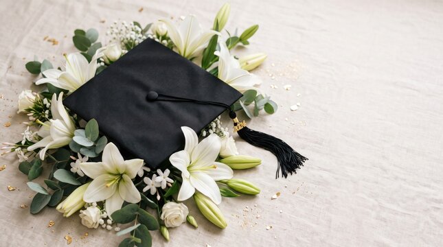 Graduation Cap Adorned with Lilies: A black graduation cap rests on a bed of white lilies and green foliage, symbolizing academic achievement and the beauty of accomplishment.