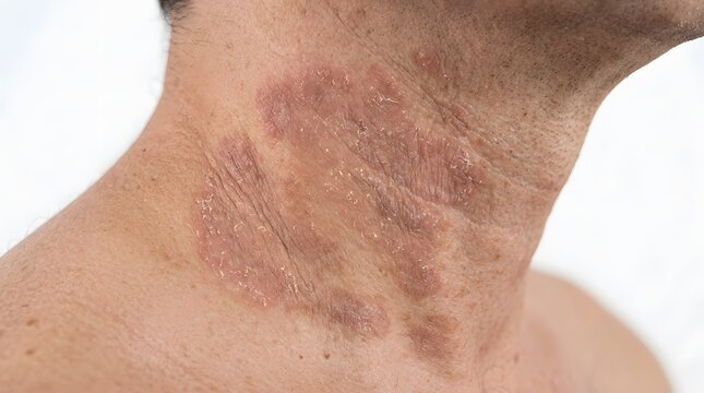 Man with neck skin rash psoriasis eczema dermatitis problem skin allergy reaction.