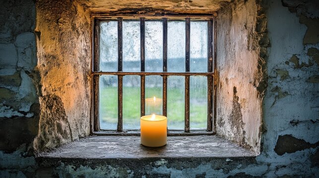 Single candle casts warm glow in prison cell window