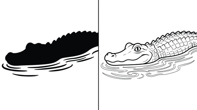 Alligator Swimming in Water with Two Distinct Black and White Styles, Providing a Versatile Vector Illustration.