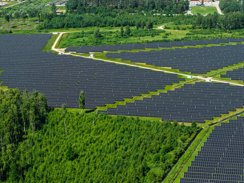 Aerial view of a large solar farm with rows of photovoltaic panels surrounded by lush green forest and dirt access paths in Riga, Latvia.