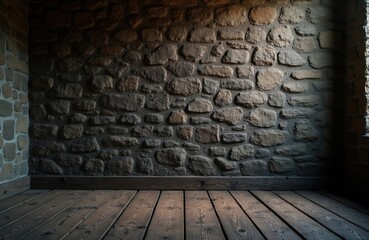 Fototapeta premium Interior room features rough stone wall with wooden planks floor. Dim lighting creates moody atmosphere. Useful for backgrounds, game levels or historical settings.