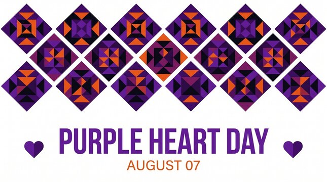 Purple Heart Day August 07 commemorative banner with geometric diamond pattern and hearts illustration