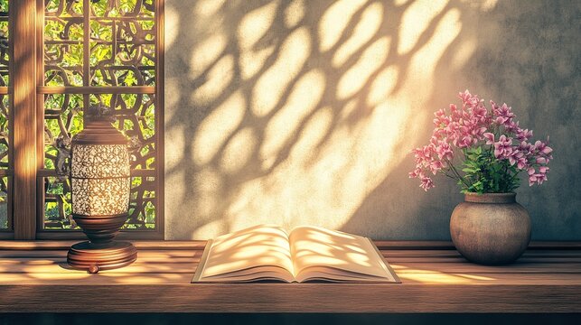 A Warm Sunlit Still Life of an Open Book, a Lantern, and a Blooming Plant on a Wooden Table