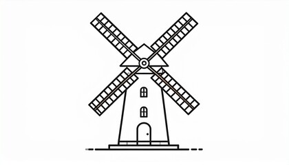 Fototapeta premium Simple line art illustration of a traditional windmill building design perfect for architectural concepts and farm landscape icons.