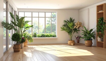Fototapeta premium Bright and airy modern living room interior with sunlight streaming through large windows surrounded by various potted indoor green plants.