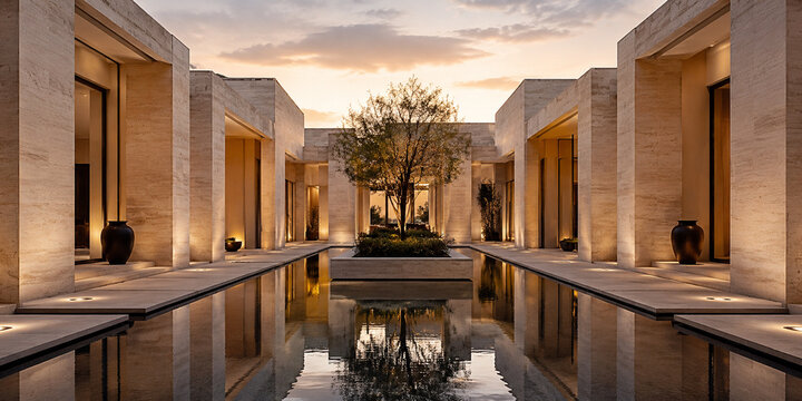 Modern luxury architectural villa courtyard featuring travertine stone columns, serene reflection pool, and central ornamental tree at golden hour sunset, tranquil upscale residential environment