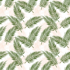 Fototapeta premium Minimalist tropical palm leaf seamless pattern, cartoon green botanical foliage background on pastel pink for fabric