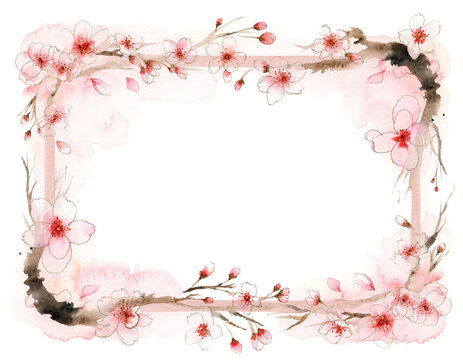 Watercolor cherry blossom sakura frame border on transparent background