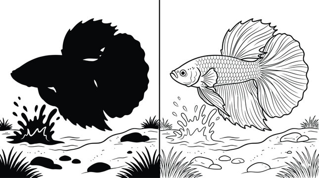 Betta Fish Icon Set with Black Silhouette and Outline Drawing Jumping Out of Water with Splashes