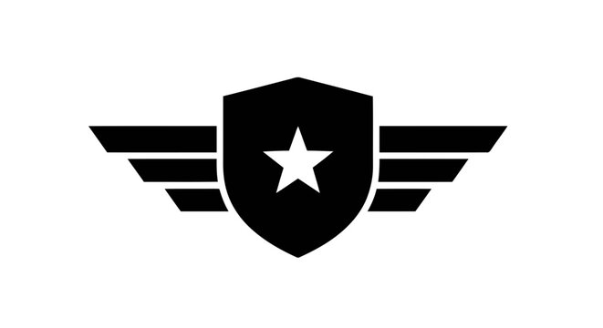 Vector illustration of military shield emblem with wings and star icon on a transparent background