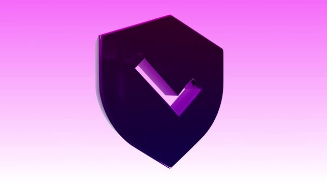 3d Rotating purple shield with checkmark symbol isolated on transparent background
