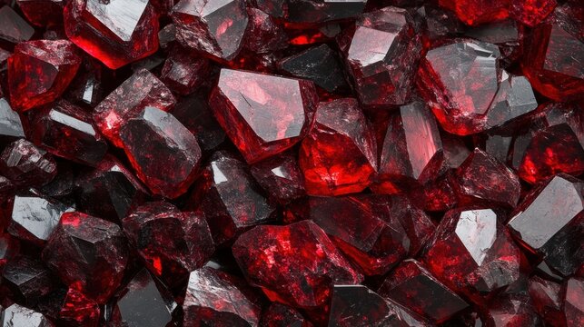 Pile of rough unpolished red garnet crystals