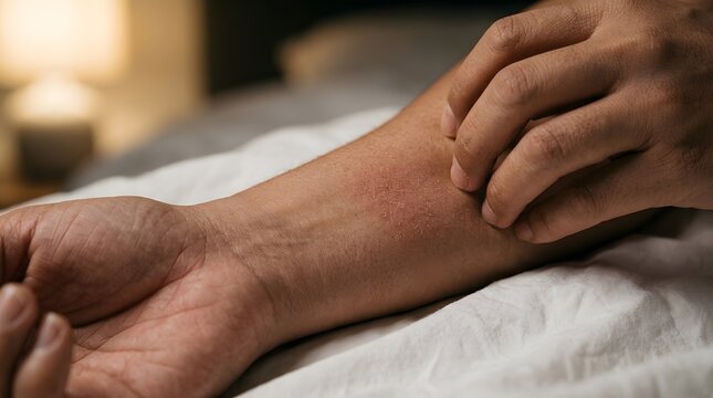 Person suffering from itchy skin rash on forearm while resting in dark bedroom at night.