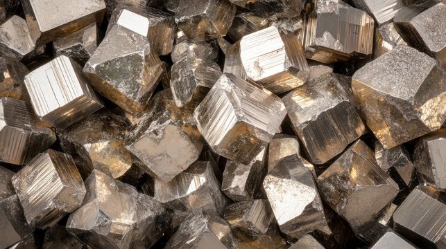 Pile of metallic iron pyrite crystals showing cubic formations
