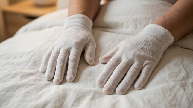 Person wearing white cotton gloves on white bed sheets for skin care routine.