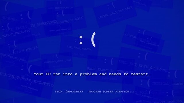 Digital illustration of a computer system failure screen featuring a sad face emoticon and a technical error message on a blue background