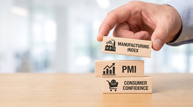 Businessman analyzing manufacturing index and consumer confidence with PMI on wooden blocks  economics concept