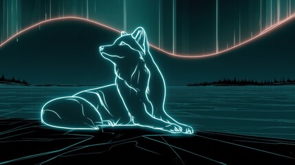 Fototapeta premium An arctic fox gives off neon light in a frozen landscape with an aurora overhead and dark surroundings.