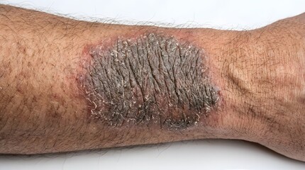Fototapeta premium Close up of severely dry flaky skin patch on arm with redness and irritation.