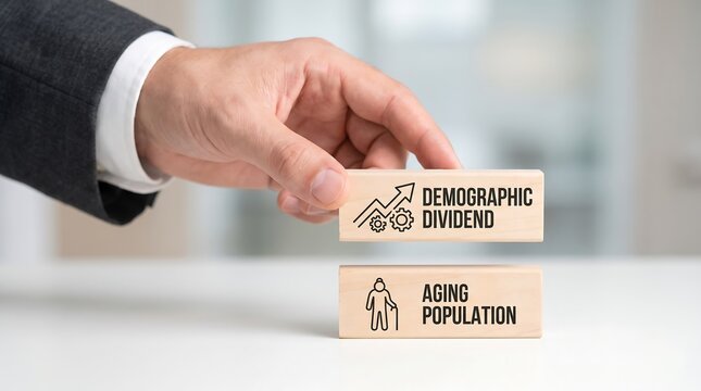 Businessman holding wooden block with demographic dividend and aging population concepts