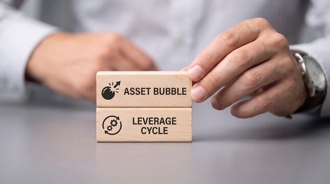 Businessman holding wooden blocks with asset bubble and leverage cycle concepts on table