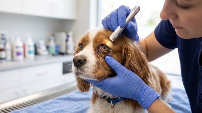 Dog receiving eye examination with veterinarian checking discharge and health condition. Eye care for pet is important for overall health and well-being.