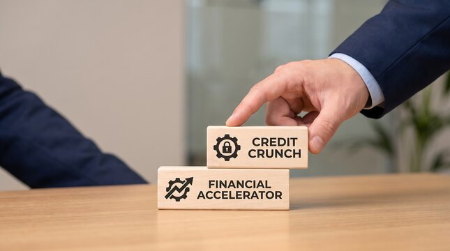 Businessman placing credit crunch block on financial accelerator blocks on wooden table in office