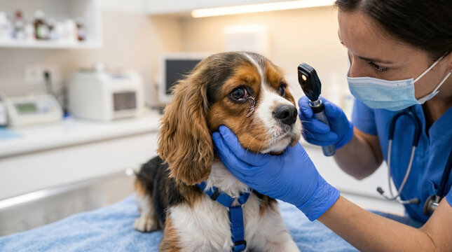 Veterinarian examining dog with eye discharge in clinic. Vet checks dog&rsquo;s eye using otoscope while animal patient is calm and groomed on examination table.